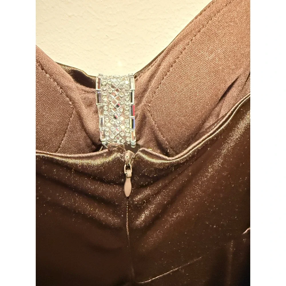 Jump Apparel Chocolate Brown Satin Rhinestone Prom Maxi Dress Size 3/4 NEW‎